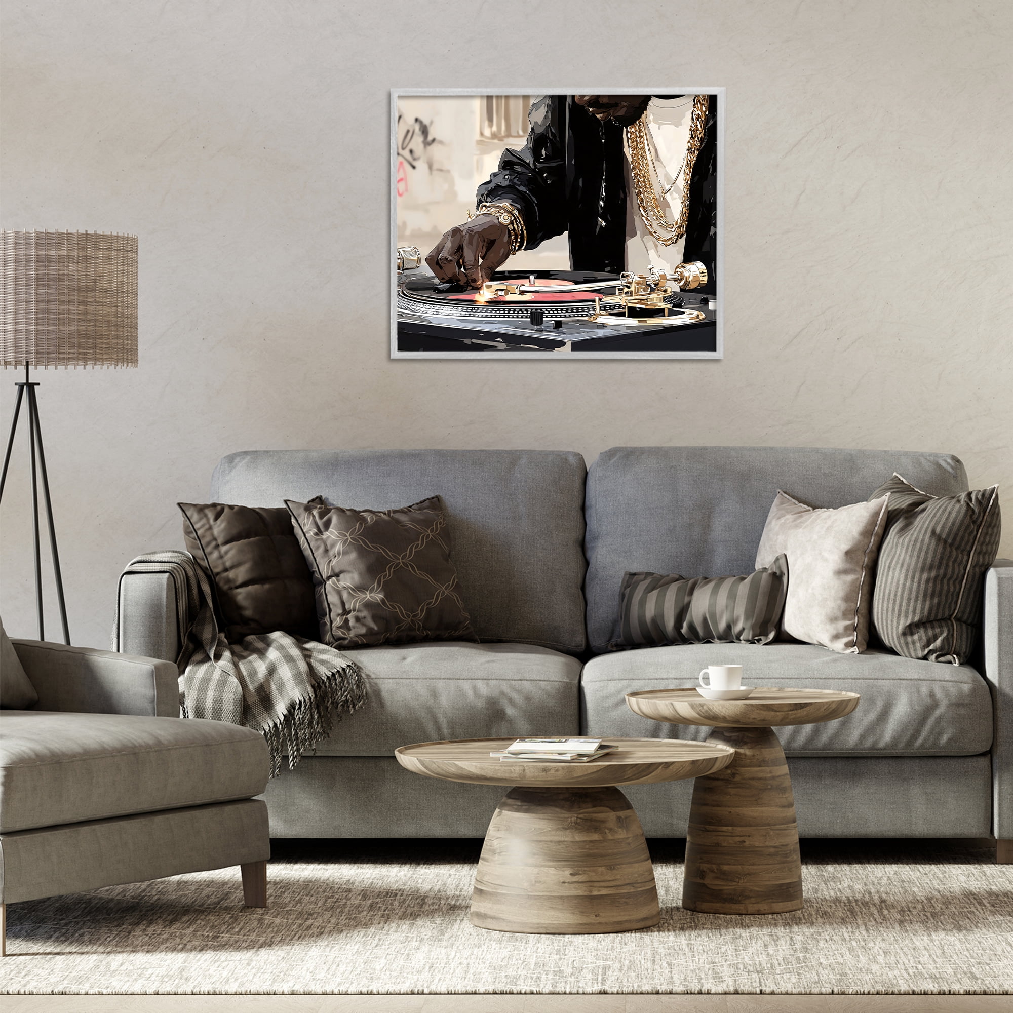Stupell Industries Golden Touch on DJ's Turntable Gray Framed Giclee Art, design by Franklyn Gregory