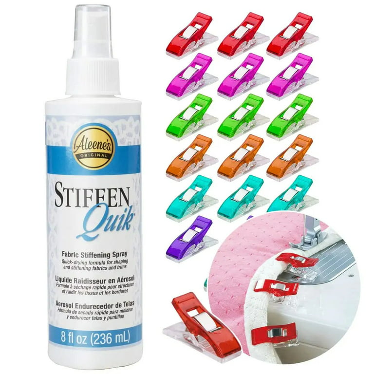 Stiffen Quick Fabric Stiffener - 8oz Stiffen Quik Fabric and Hat Stiffener,  Plus 25 Sewing Fabric Clips