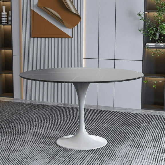 LeisureMod Verve Mid-Century Modern 48" Round Dining Table with Sintered Stone Top and White Steel Pedestal Base for Dining Room and Kitchen, Black