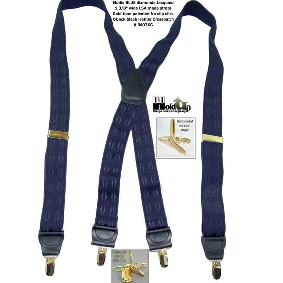 Hold-Ups Blue Elddis Diamond Pattern Jacquard Suspenders X-back and Gold No-slip Clips