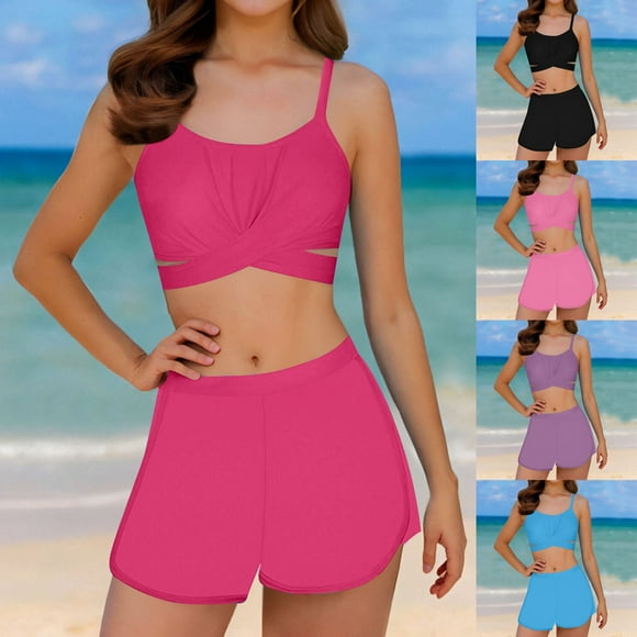 Jinhomg Kids Summer Swimsuits 2 Piece Solid Vacation Bathing Suits Trendy Cutout Spaghetti Straps Tankini Tops with Shorts Fall Saving 140 Blue