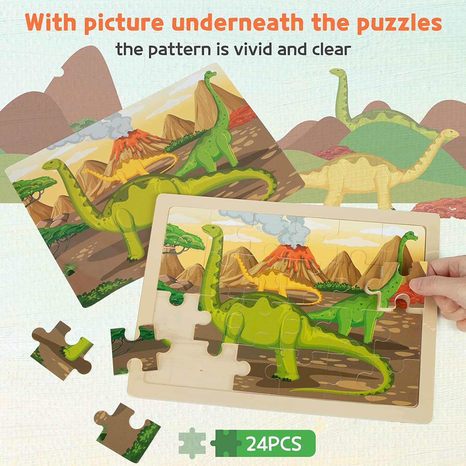 SYNARRY Wooden Dinosaur Puzzles 4-Pack, 24 Pieces Each photo 7