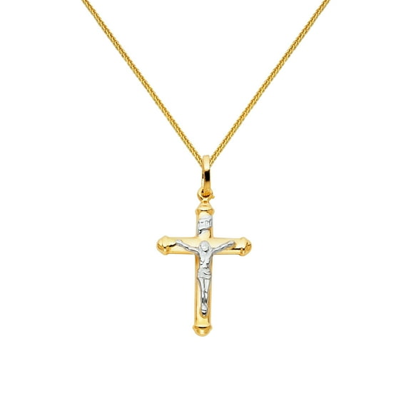 Wellingsale 14k Two 2 Tone Gold Polished Jesus Cross Religious Charm Pendant with 0.8mm Braided Square Wheat Chain Necklace - 16"