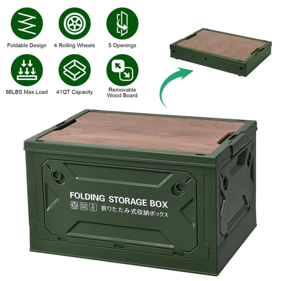 Imountek 39L Folding Storage Bin with Lid, 4 Lockable Doors, Wheels & Cutting Board Top, Collapsible Organizer Box for Camping Home Car RV, Army Green