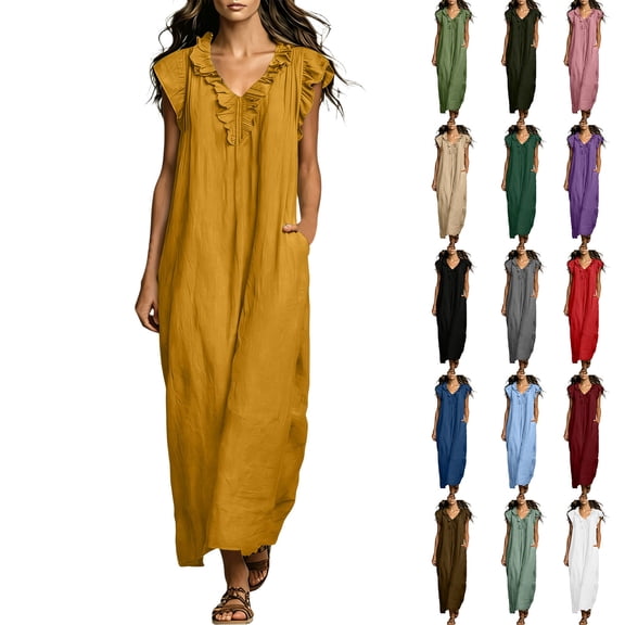 VBVC Women's Ruffle V Neck Maxi Dress , Casual Summer Beach Dress For Women , Ladies' Flutter Sleeve Loose Long Dress with Pockets,Black,S-2XL