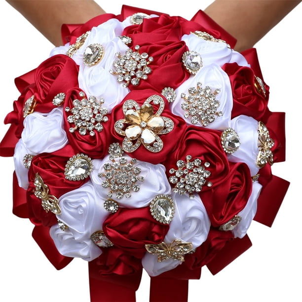 XmhyTop Ramo de novia de lujo hecho a mano con rosas de seda grandes y flores artificiales para boda real vintage (rojo y blanco)