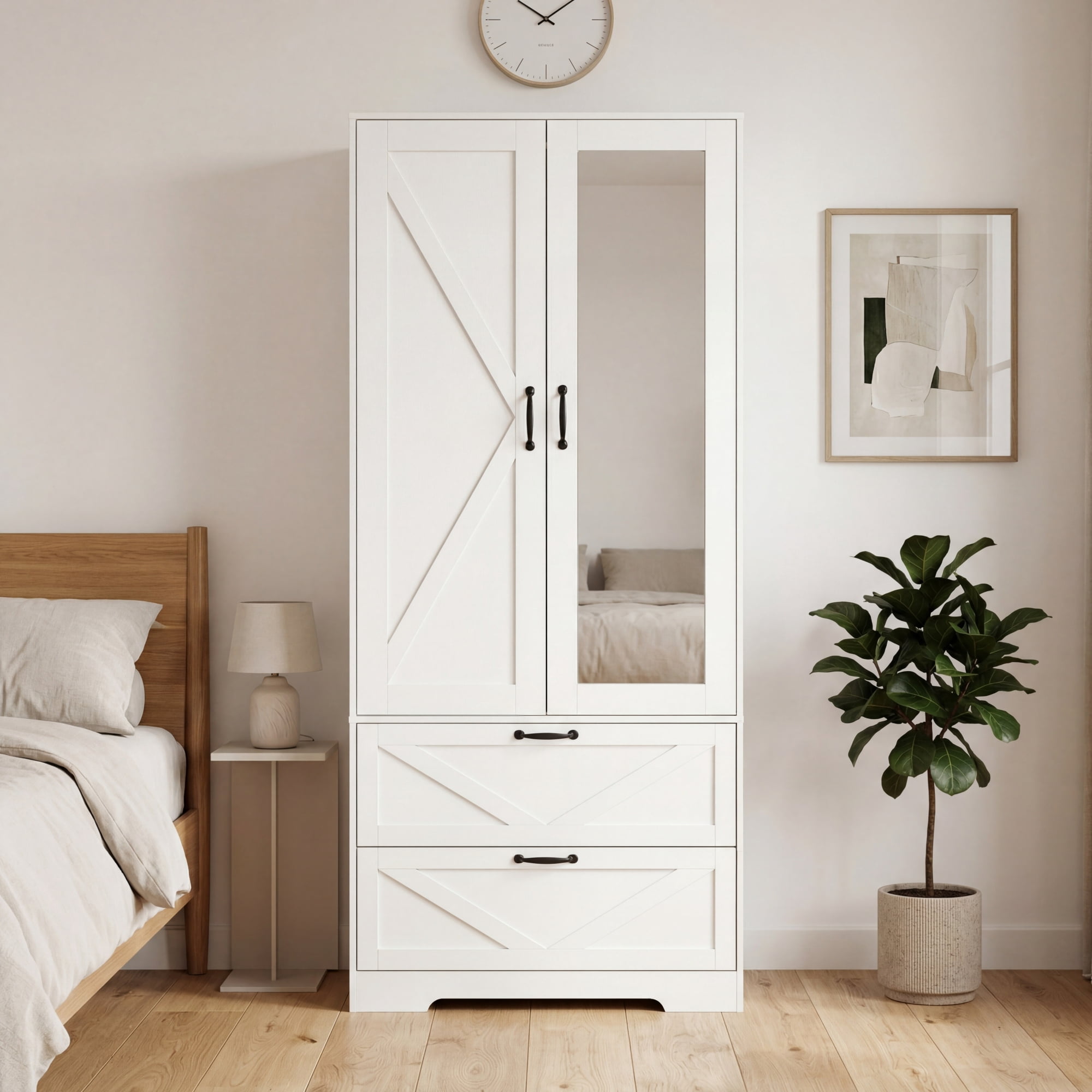 72" Tall 2 Doors Armoire Wardrobe Closet with 2 Drawers and Mirror, Multifunctional Wooden Wardrobe Storage Cabinet with Induction Light for Bedroom,White