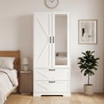 thumbnail image 2 of 72" Tall 2 Doors Armoire Wardrobe Closet with 2 Drawers and Mirror, Multifunctional Wooden Wardrobe Storage Cabinet with Induction Light for Bedroom,White, 2 of 8
