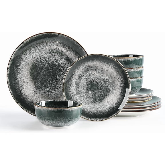 12-Piece Dinnerware Set for 4 People Porcelain Plates and Bowls Dishwasher and Microwave Safe Chip and Scratch Resistant Dark Green