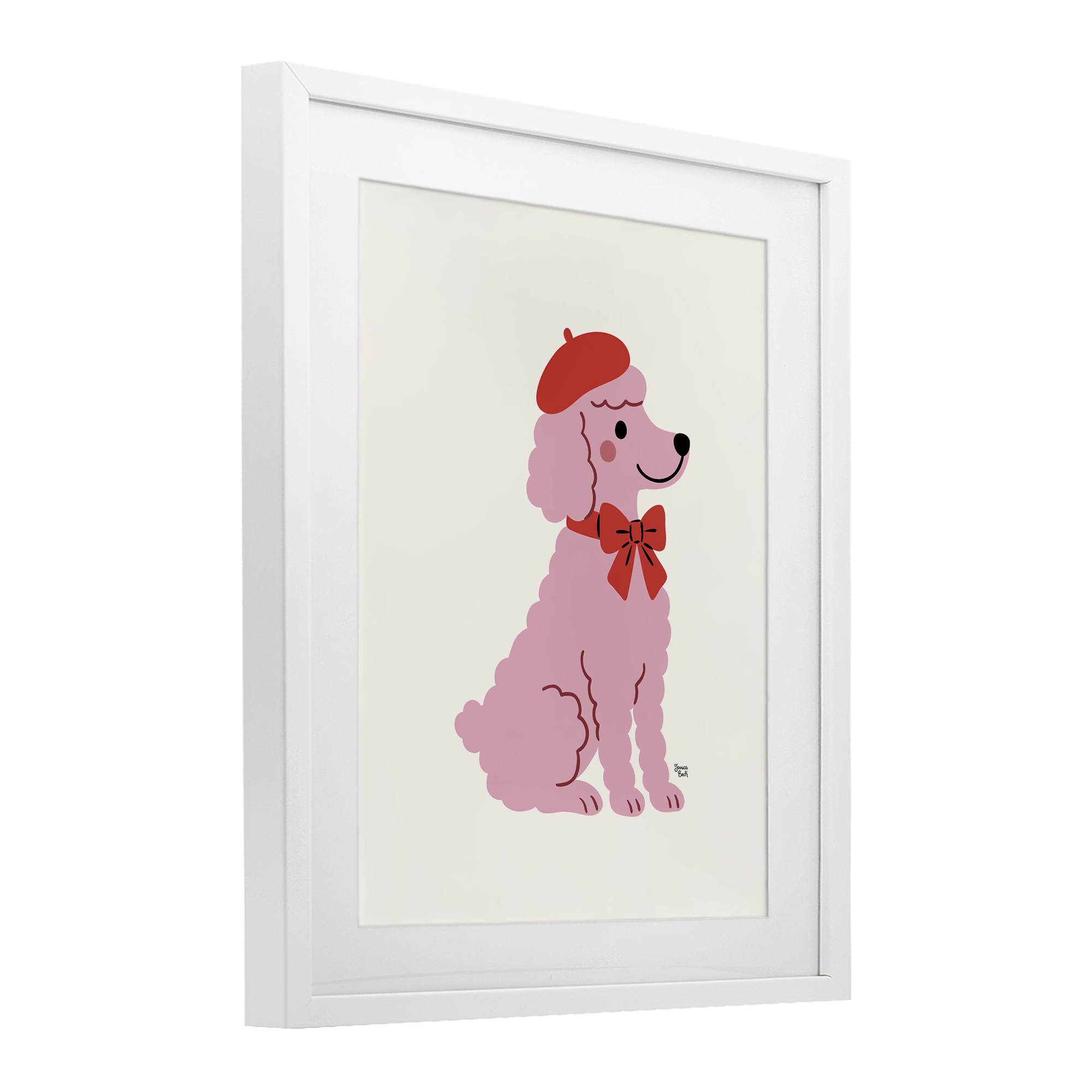 French Poodle in Beret White Framed Print Under Glass, design by Jessica Beck