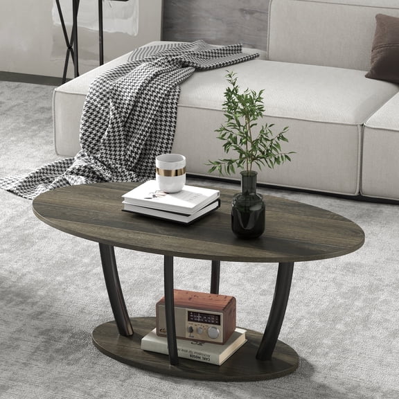 Manxile Oval Coffee Table with Storage Shelf, Farmhouse Center Table for Living Room,Charcoal Oak