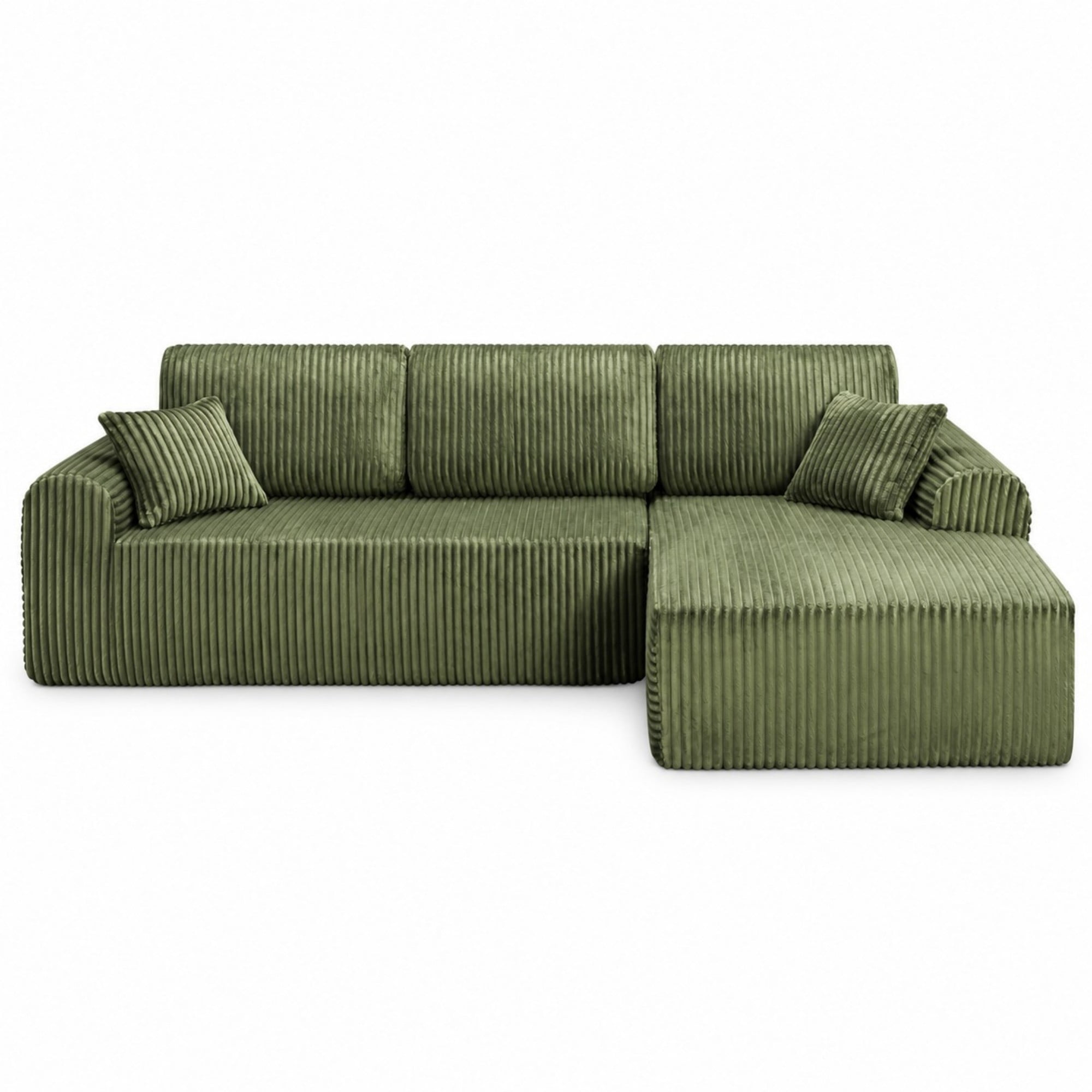 DEALTOPS 109" Corduroy L-Shape Floor Cloud Couch, Deep Seat Modular Sectional Sofa, Right Chaise, Green