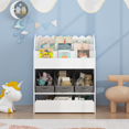thumbnail image 4 of Bookshelf with Storage Bins and Drawer, Multi-Functional MDF Wood Book Organizer for s, White Bookcase for Toys and Books, Nursery Playroom Toy Storage, White Bookcase for Nursery, 4 of 17
