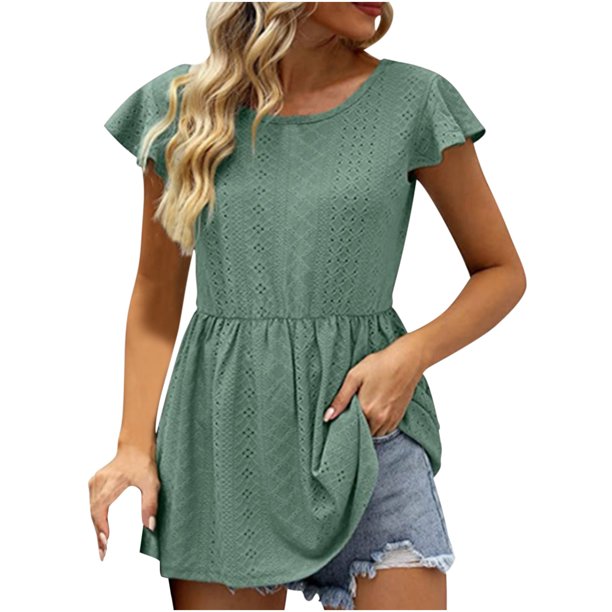 Blusas casuales de manga corta con cuello redondo de color sólido para mujer OAVQHLG3B Store lin121212