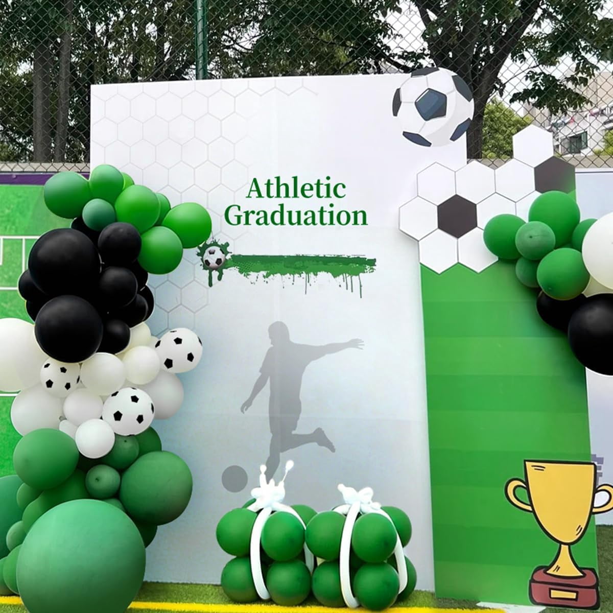 Burculy 167Pcs Soccer Balloon Arch Kit - Black Green White Latex Balloons in 18/12/10/5" with Soccer Prints for Football Theme Birthday, Baby Shower, Graduation, Wedding Party Decorations