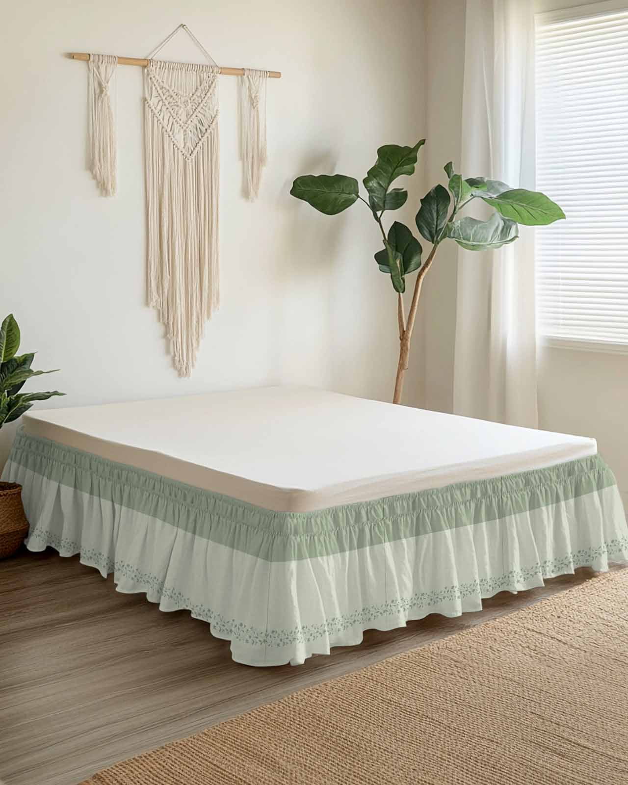 Spring Leaf Bed Skirt Queen Size 18 Inch Drop, Spring Sage Green Leaf Branch Plant Green Background Adjustable Elastic Dust Ruffles Bedskirt for Queen Bed Wrap Around Pleated Mattress Frame Cover
