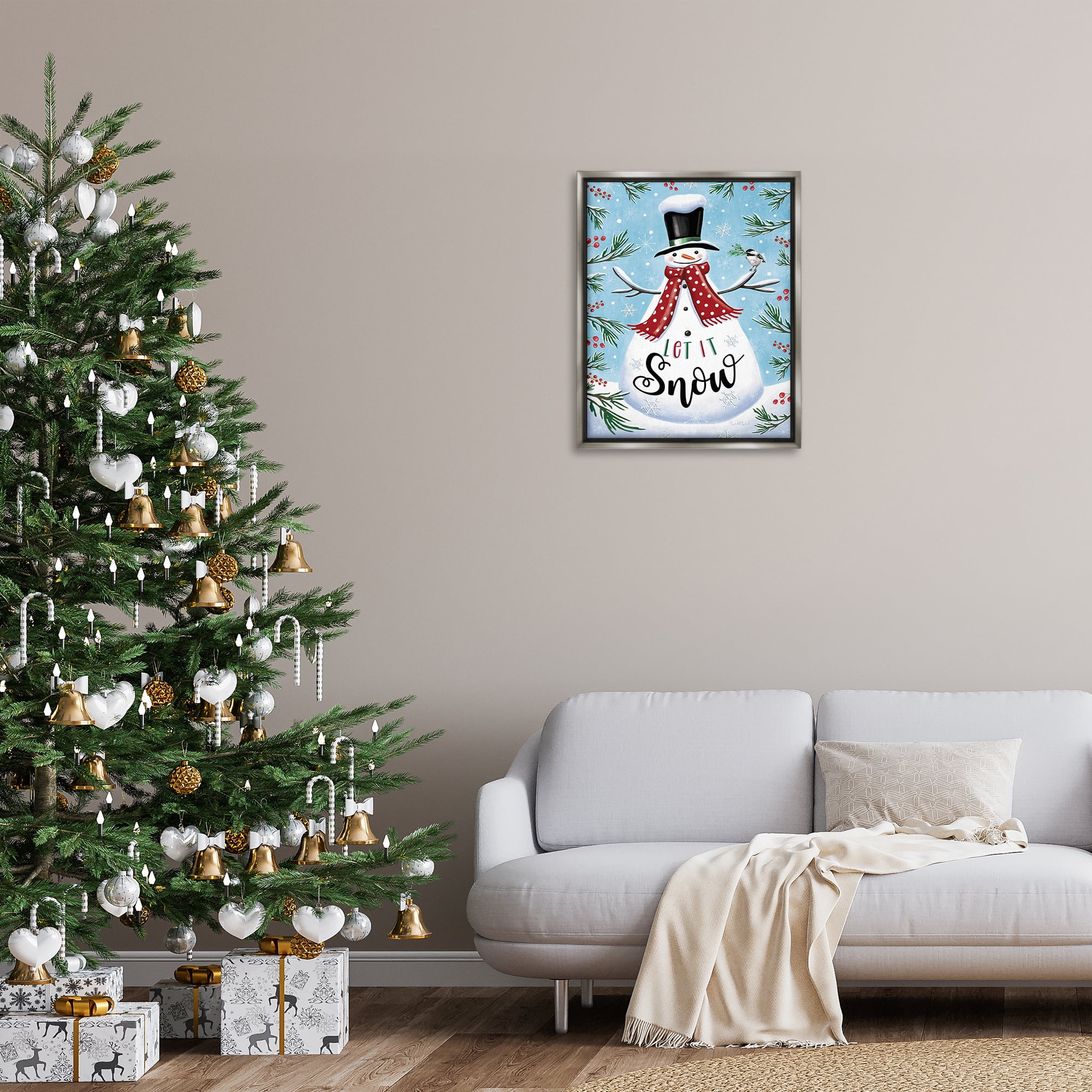 Stupell Industries Let It Snow Phrase Holiday Painting Gray Floater Framed Art Print Wall Art, 25 x 31