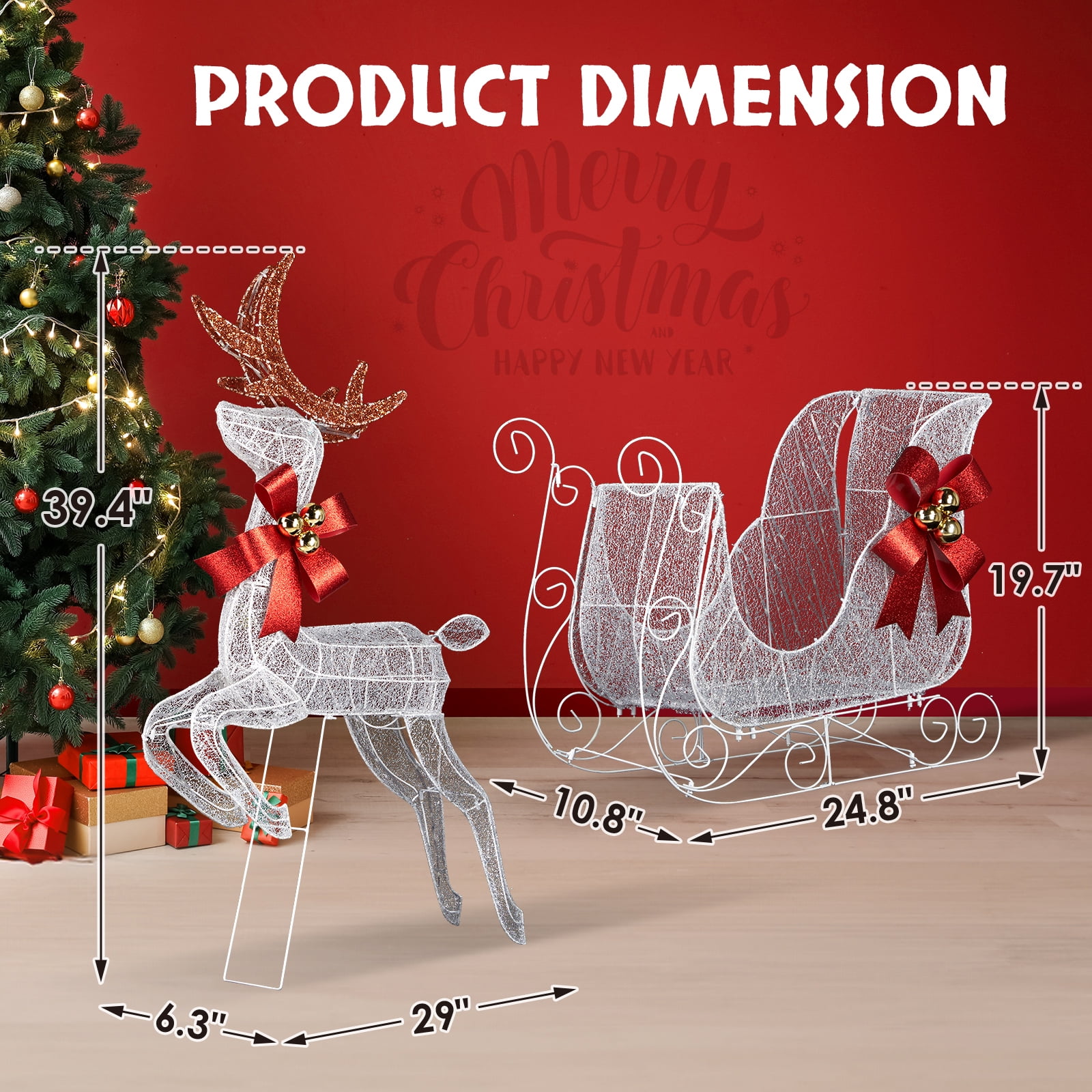 3PCS Lighted Set of 2 Reindeer & Sleigh, Weather Proof Christmas Outdoor Decorations with Pre-lit 270 LED White Lights and Stakes for Xmas Outdoor Holiday Indoor Decor Lighted Holiday Displays
