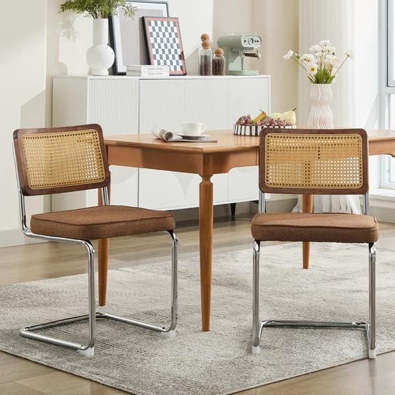 Dining Chairs Set of 2, Paproos Linen Upholstered Dining Chairs, Mid Century Accent Chair Side Chair with Cane Back and Stainless Steel Chrome Legs, Dining Kitchen Living Room, Coffee
