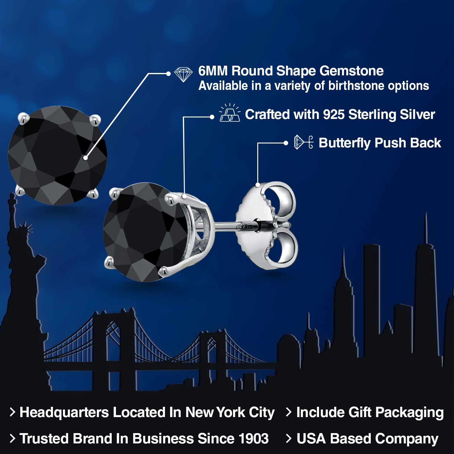 Gem Stone King 925 Sterling Silver Black Sapphire Stud Earrings for Women Men (2.30 Cttw, Gemstone September Birthstone, Round 6MM)
