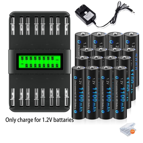 12 AAA 1100mAh Batteries and 4 AA 3000mAh 1.2v Ni-MH Rechargeable Batteries with 16 Slots Intelligent Fast LCD Indicator USB Battery Charger For 1.2V AA AAA C D Size Ni-MH Batteries