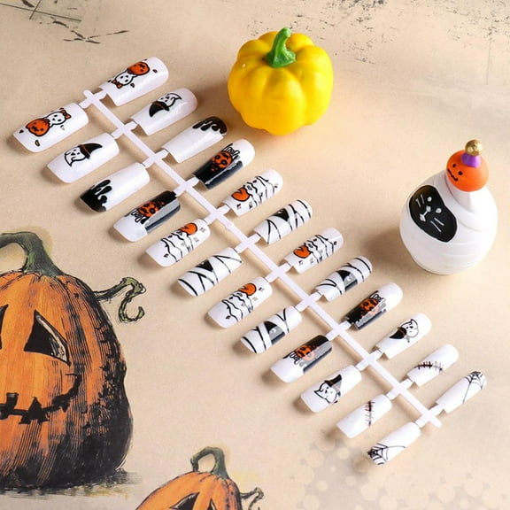TUITOONM Halloween Nail Art Sheets 72pcs Coffin Fake Nails with Spooky Designs, No Glue Needed, DIY Press-On Nails for Parties & Daily