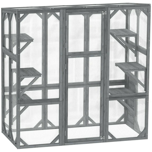 GVN Cat Catio Enclosure, Cat Cage House,Large Wooden Catio Outdoor with 6 Jumping Platforms, for 1-3 Cats, Gray