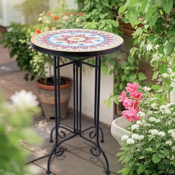 Mosaic Outdoor Side Table Round Rustproof Accent Table with 14 Inch Ceramic Tile Top for Yard Garden Balcony