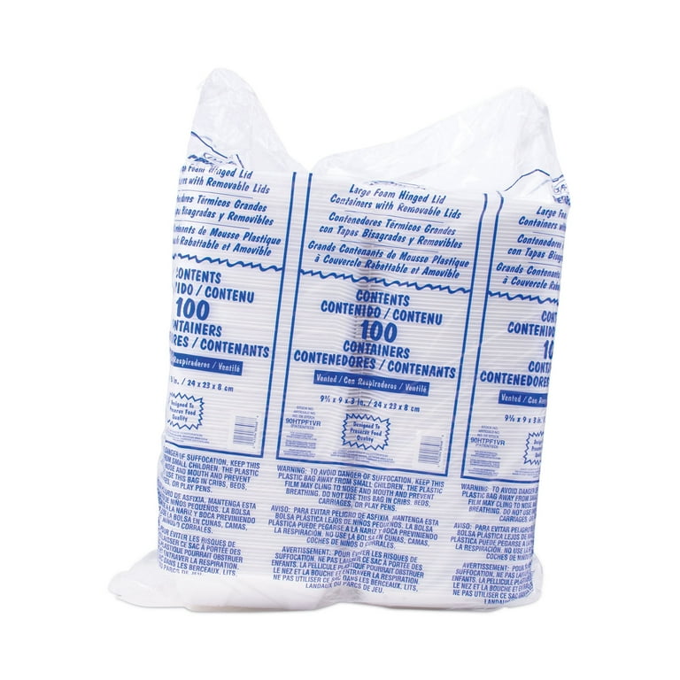 Foam Hinged Lid Container, Vented Lid, 9 x 9.4 x 3, White, 100/Pack, 2 Packs/Carton Foam Hinged Lid Container, Vented Lid, 9 x 9.4 x 3, White, 100/Pack, 2 Packs/Carton