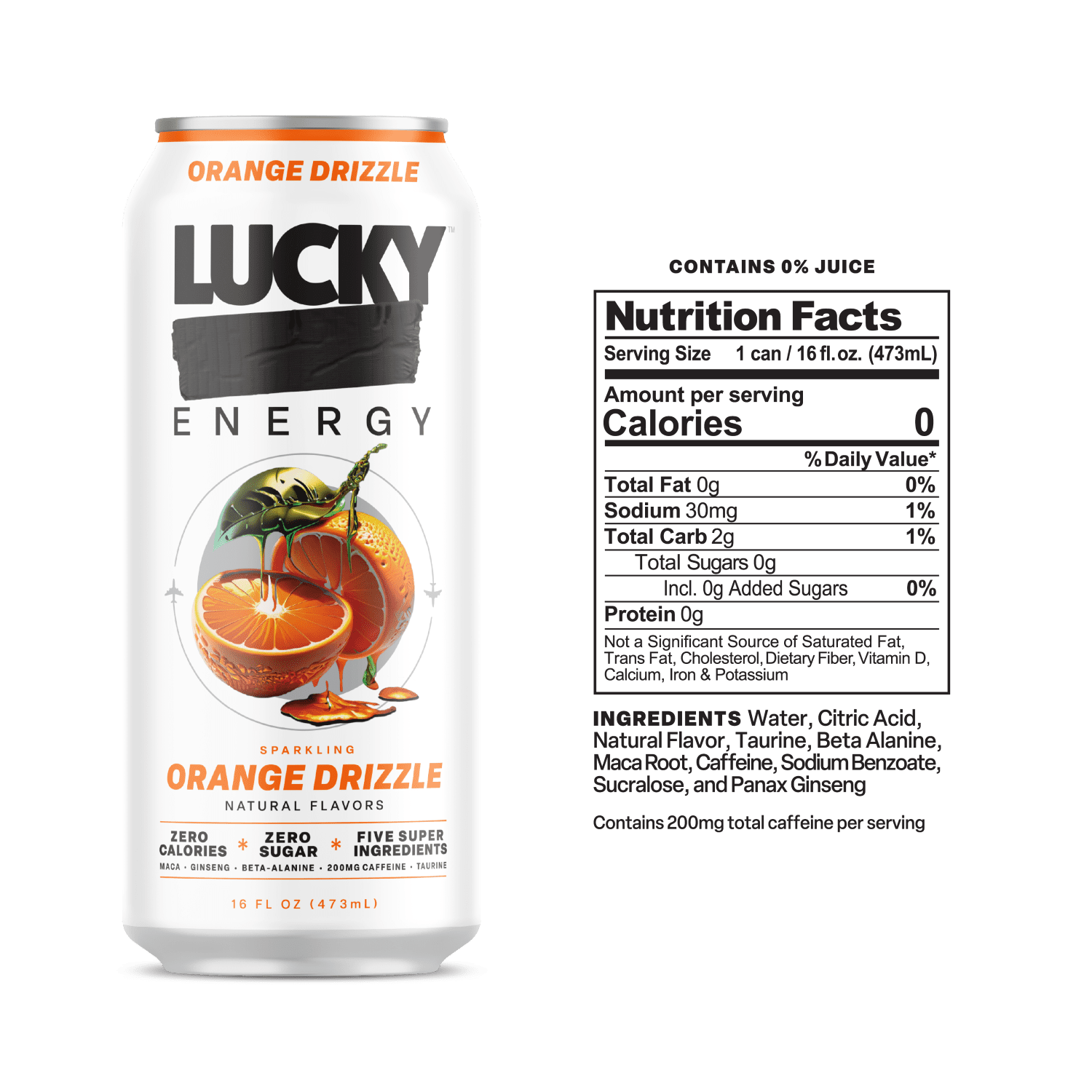 Lucky Energy Sugar Free Energy Drinks 16 fl oz Can, Orange Drizzle with Maca, Ginseng, Taurine, Beta-Alanine, 200mg Caffeine, Zero Calories