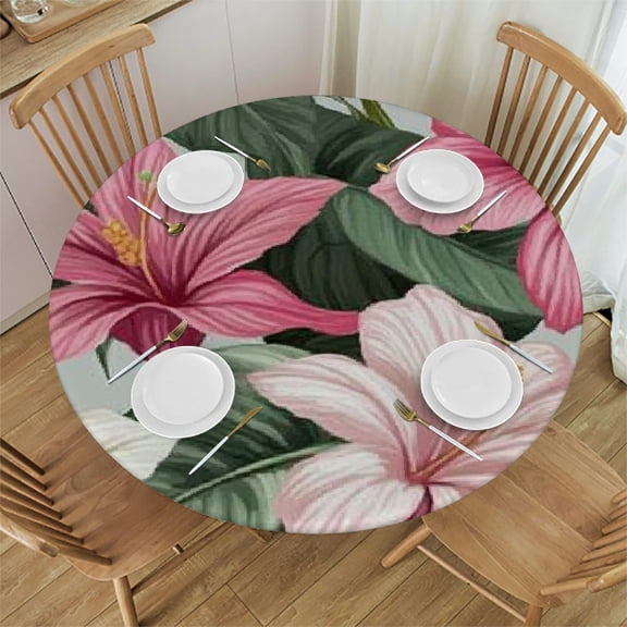 Autua Flower Pattern Pink White Round Tablecloth Stain-Resistant 100% Polyester 31"-35