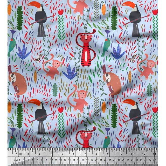 Soimoi Polyester Crepe Fabric Leaves & Cute Animals Cartoon Decor Fabric Printed Yard 52 Inch Wide