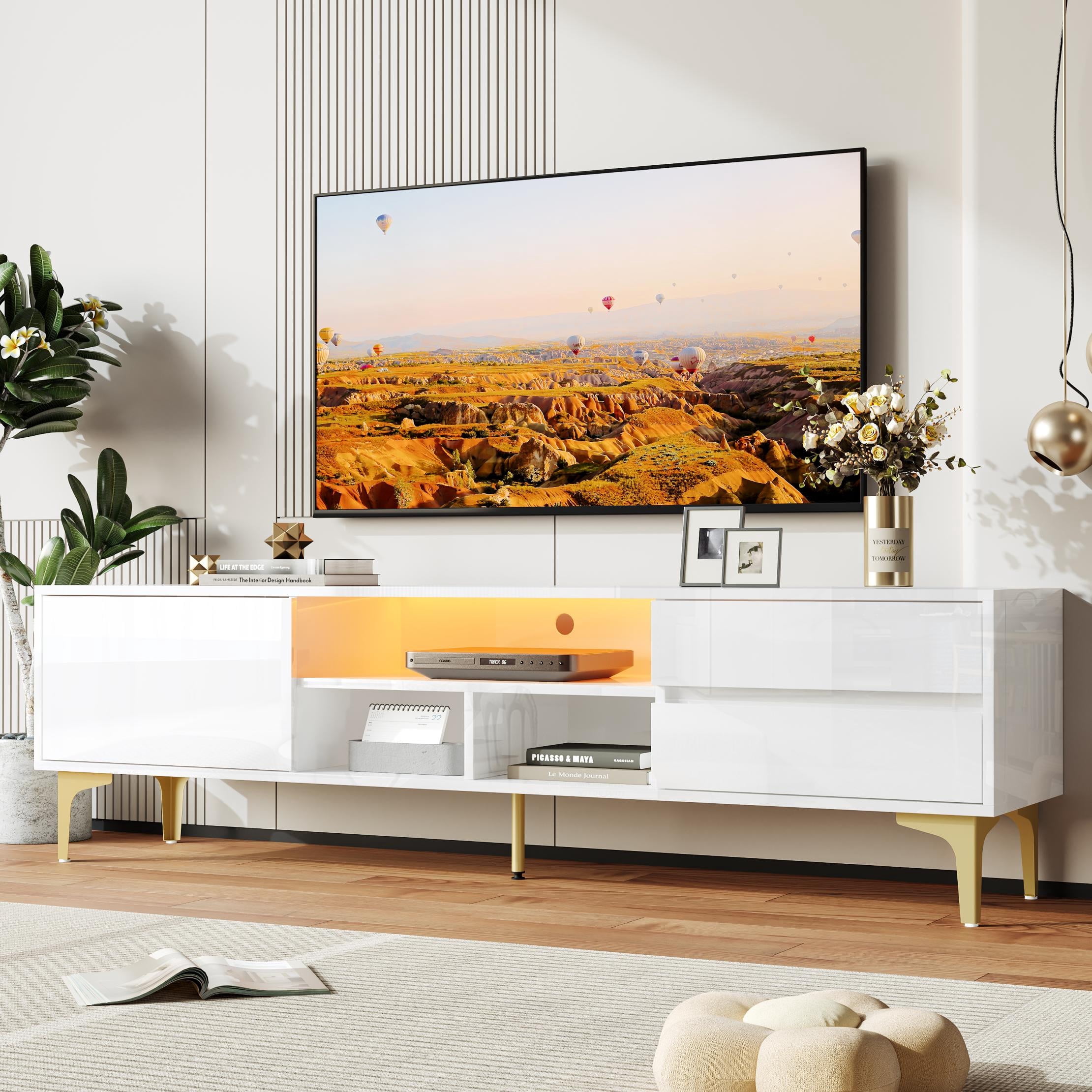 PORKISS 63" High Gloss LED TV Stand for TVs up to 70", Modern Low Profile TV Entertainment Center with RGB Lights, Remote/App Control, Storage Drawers and Open Shelves, White