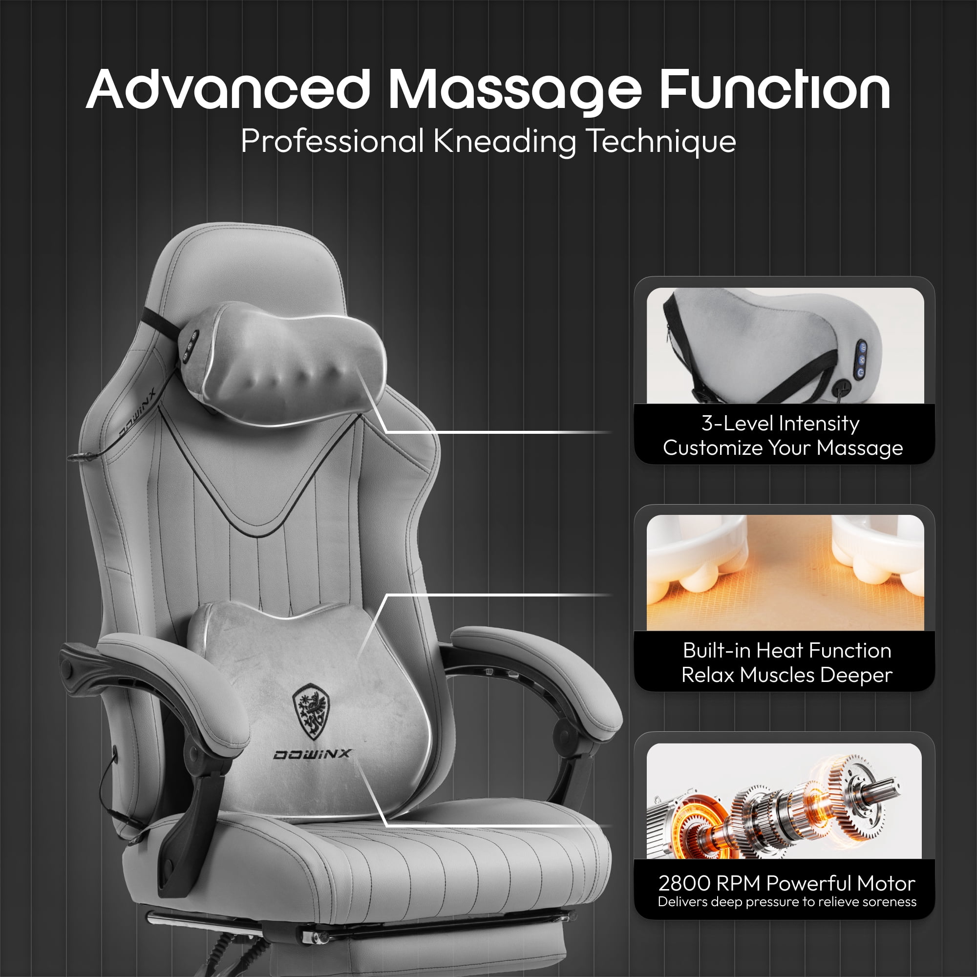 GOOSEA Gaming Chair with Shiatsu Massage for Neck, Lumbar Support, Ergonomic High Back Recliner for Home Office, Adjustable Height Computer Desk Chair with Premium Comfort Design, Gray