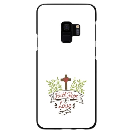 DistinctInk Case for Samsung Galaxy S9 (5.8" Screen) - Custom Ultra Slim Thin Hard Black Plastic Cover - Faith, Hope & Love - Cross & Leaves