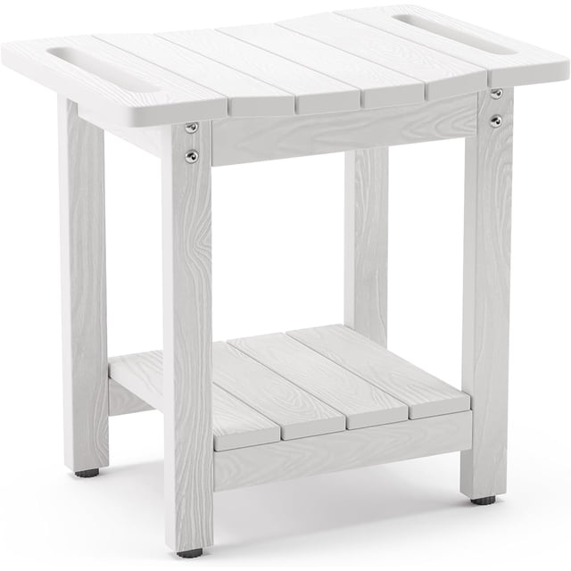 HDPS Shower Chair for Inside Shower, Shower Stool with Towel Rack & Storage Shelf - Waterproof, Non-Slip, Handles - Indoor/Outdoor Shower Bench, White