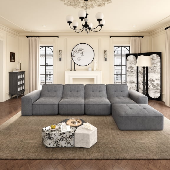 Modular Sectional Sofa Set With Removable Ottoman, Tufted Deep Seat Couch And Chaise Lounge In Sparkling Chenille For Living Room, Apartment