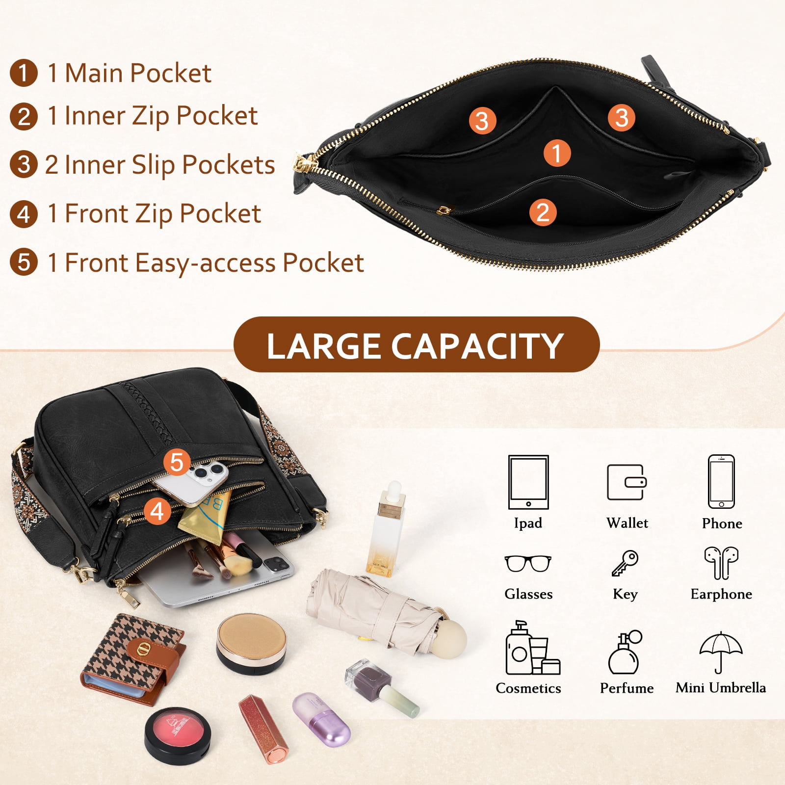 RAINSMORE Crossbody Bags for Women Leather Shoulder Handbags Trendy Crossbody Purses Soft Lightweight Travel Purse,Black