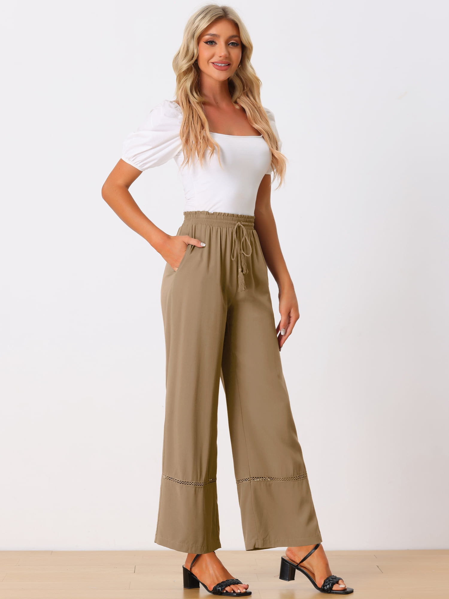 DARING DIVA Women's Loose Drawstring Wide Leg Palazzo Trousers S Brown