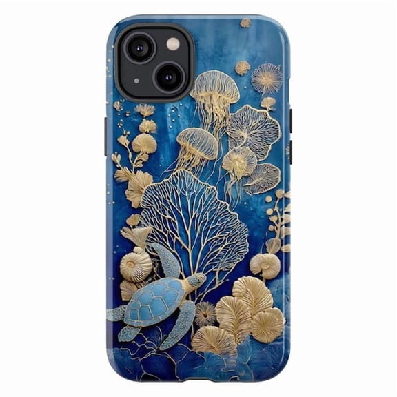 Underwater Elegance Phone Case, Blue Sea Turtle & Jellyfish Design iPhone Cover with Coral Reef Accents, Durable Protective Case for iPhone 16 15 14 13 12 11 Pro Max Mini