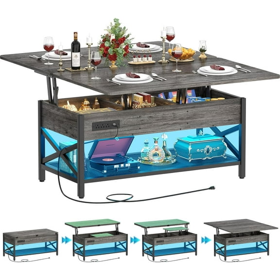 Aheaplus Coffee Table Lift Top Multi-Function Coffee Table Converts to Dining Table, with LED Light and Power Outlet, Center Table with Shelves for Living Room Reception Home Office, Black Oak