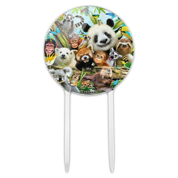 Acrylic Animal Buddies Selfie Panda Polar Bear Sloth Lemur Toucan Cake Topper Party Decoration for Wedding Anniversary Birthday Graduation