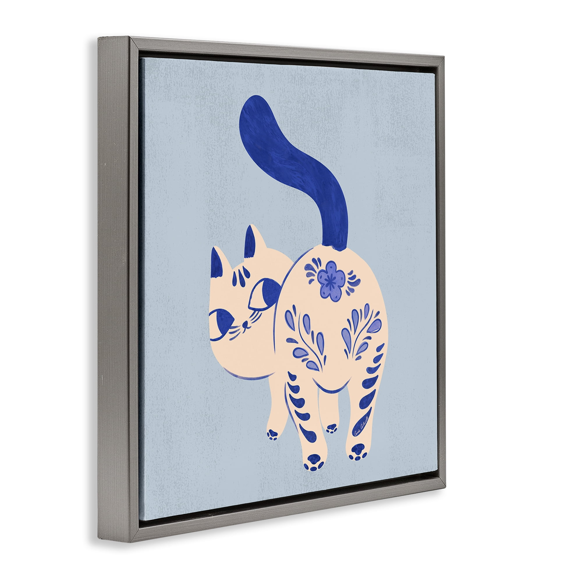 Stupell Industries Purrcelin Patterned Cat Animals Painting Gray Floater Framed Canvas Art Print Wall Art, 25 x 25
