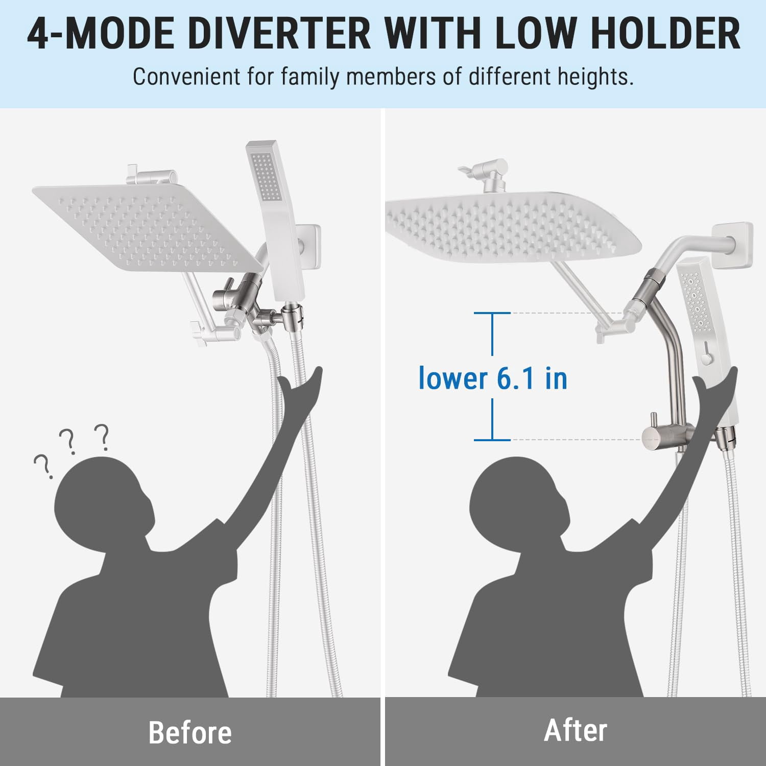 All Metal 10 Inch Shower Head With Massage Mode Handheld  Rain Spray Combo 3-way Diverter Pause Setting 11 Adjustable Extension Arm (brushed Nickel)