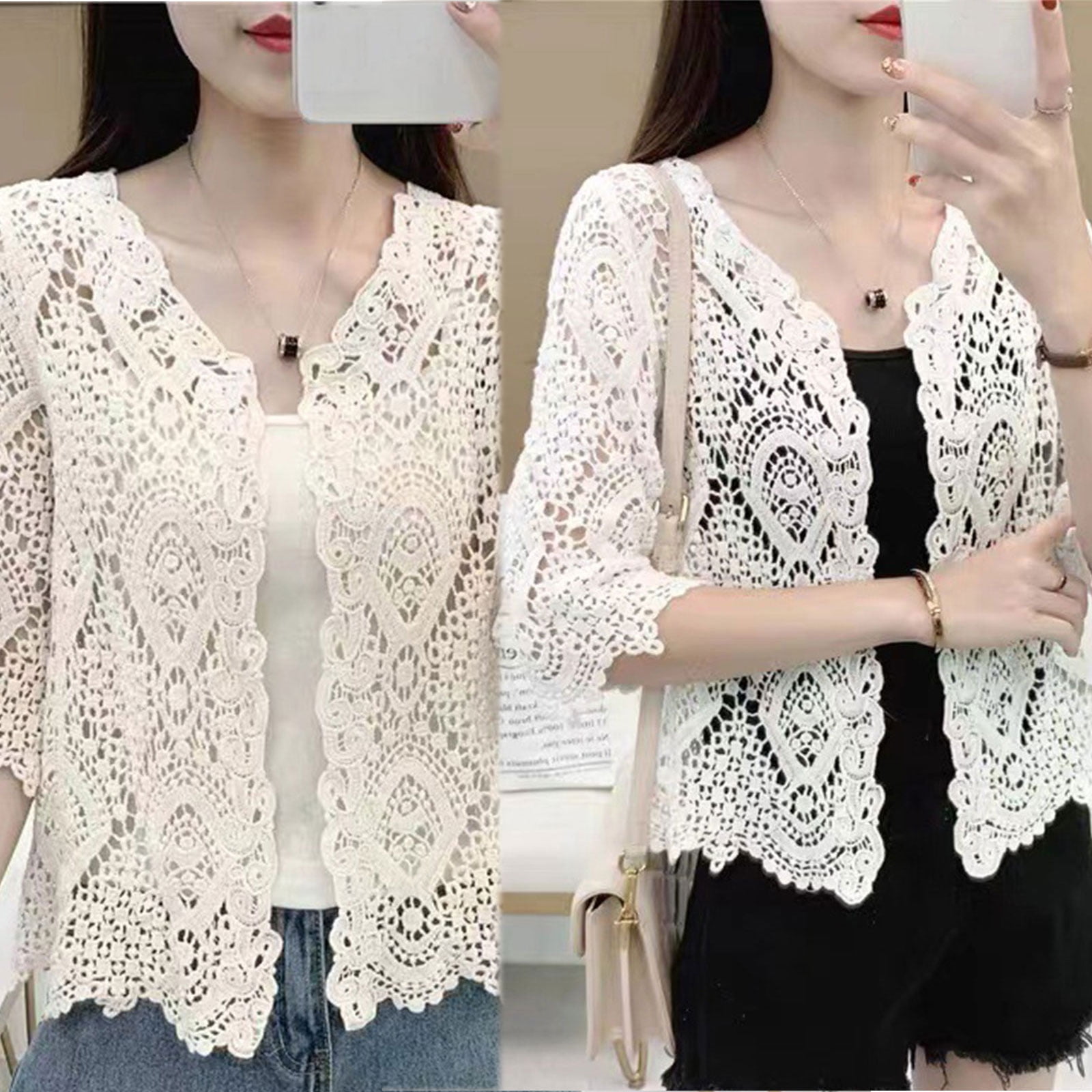 Women Summer Knitted Lace Shrug Boho Hollow Crochet Floral 3
