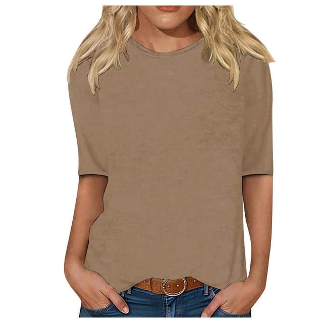 T-Shirt Basique Femme Col Rond Manches 3/4 Blouse Imprimée Confortable Hauts Dames Kaki P