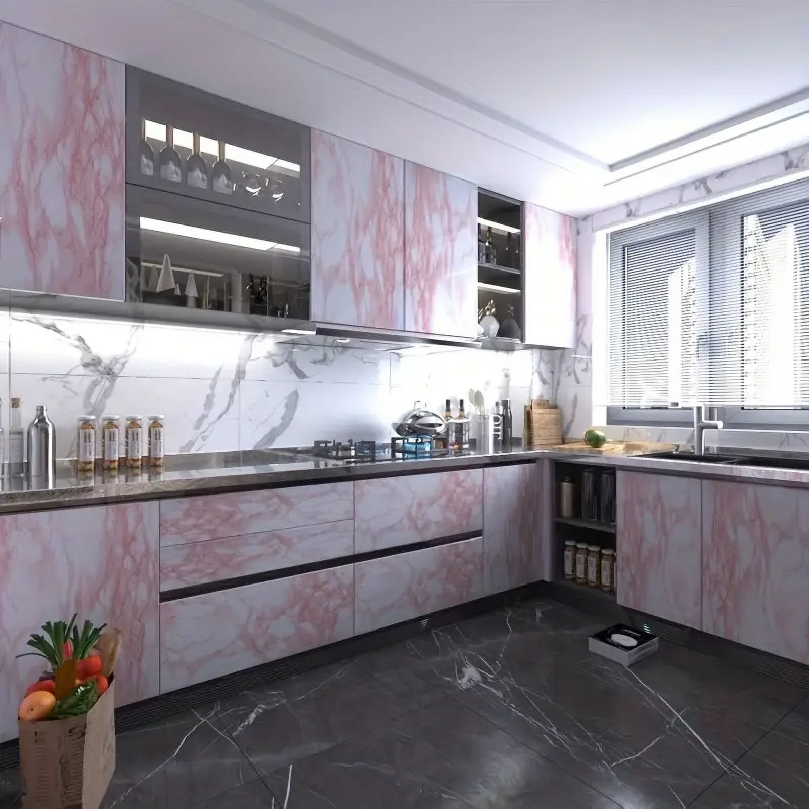 Luxurious Pink Glossy Marble Pattern Thick Sticky Wallpaper - Perfect for Kitchen, Bathroom, and Desktop Furniture Renovation, A (pink 10703,40cm x 200cm)