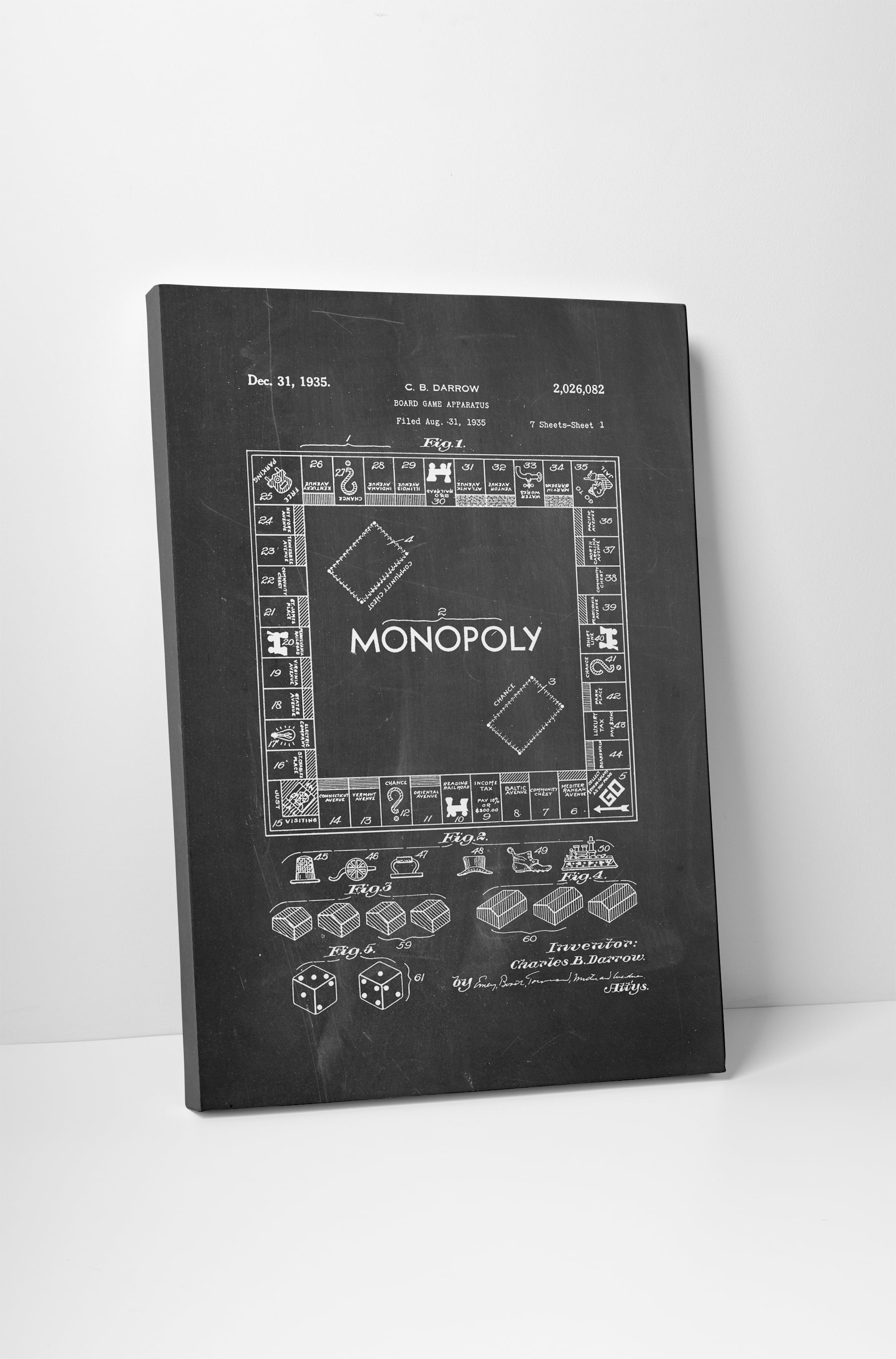 Monopoly Board Game Patent Gallery Wrapped Canvas Wall Art. BONUS WALL