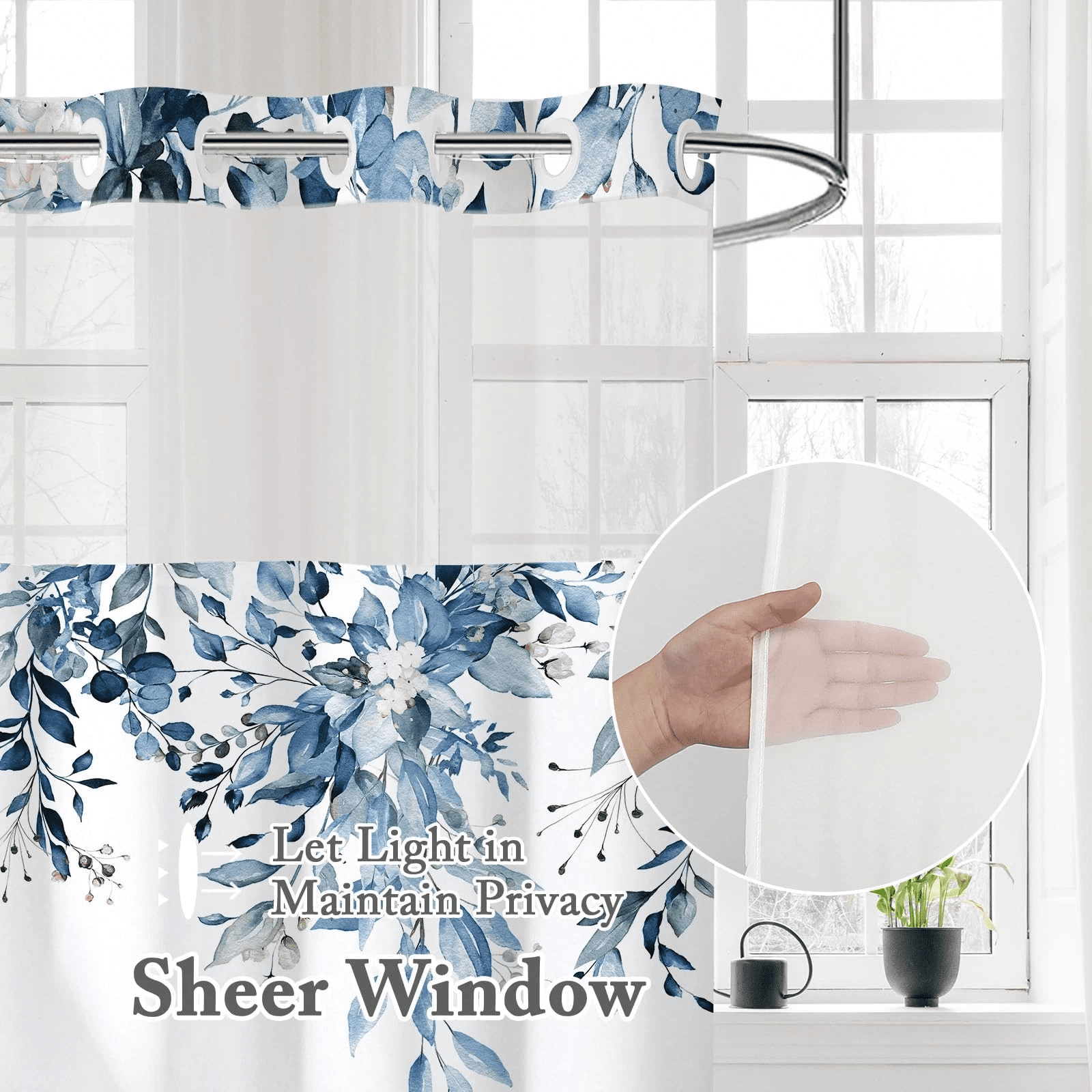 NIUBIER No Hook Shower Curtain with Snap in Liner Set, Blue Eucalyptus Leaf Butterfly Bath Curtain with Botanical Plant for Bathroom, 71"x74"