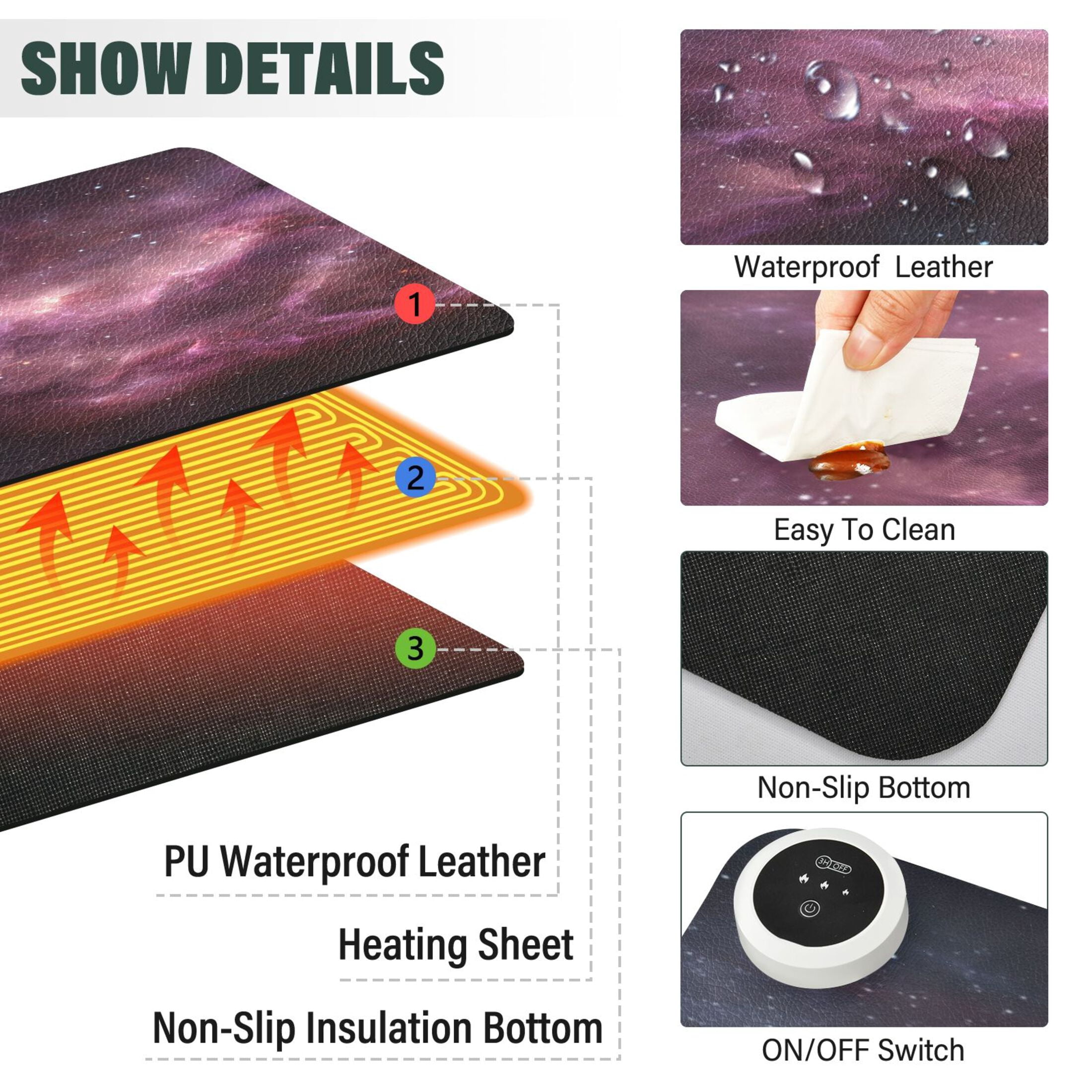 Large Heated Desk Mat Mouse Pad 31.5"x13"PU Leather Graphene Heating Desk Warmer with 3 Temperature Settings 110V US Plug Non-Slip Warm Pad for Home, Office, and Gaming Deep Space Nebula Art